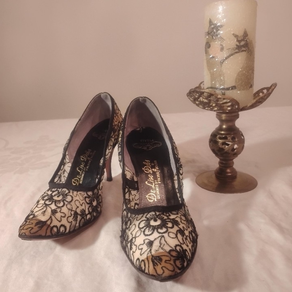 Vintage 1950s-60s De Liso Debs Palter Deliso Cream Black Floral Lace Stiletto He - Picture 5 of 10